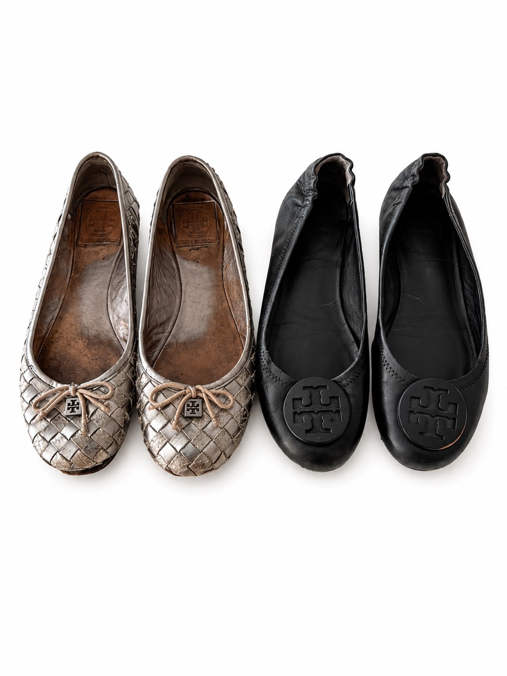 Tory Burch Metallic Taupe Woven Ballet Flats & Black Logo Leather Flats